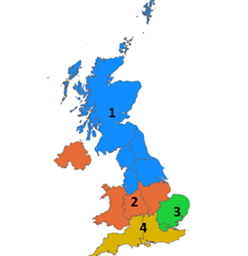 Map of zones which Capita and Study Tech cover when supplying DSA. See table for text version