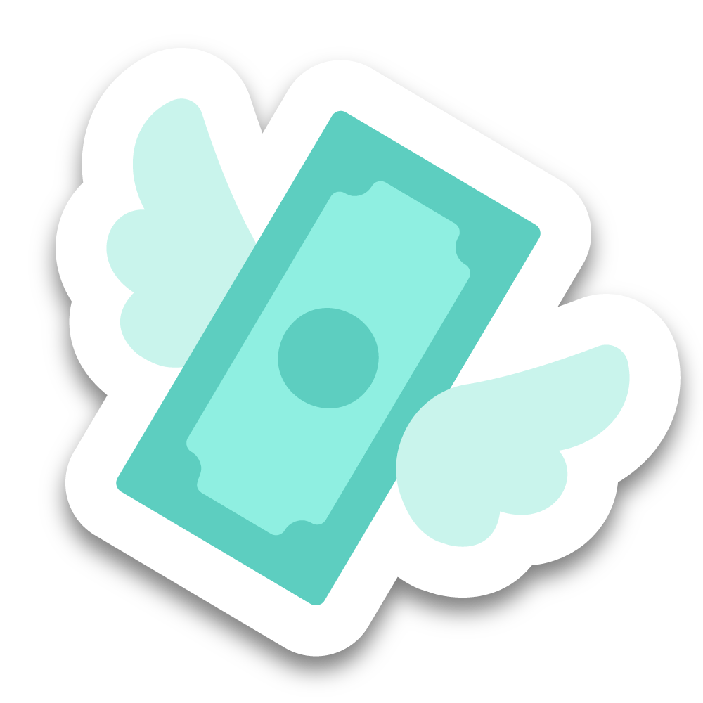 An emoji image of bank notes with wings